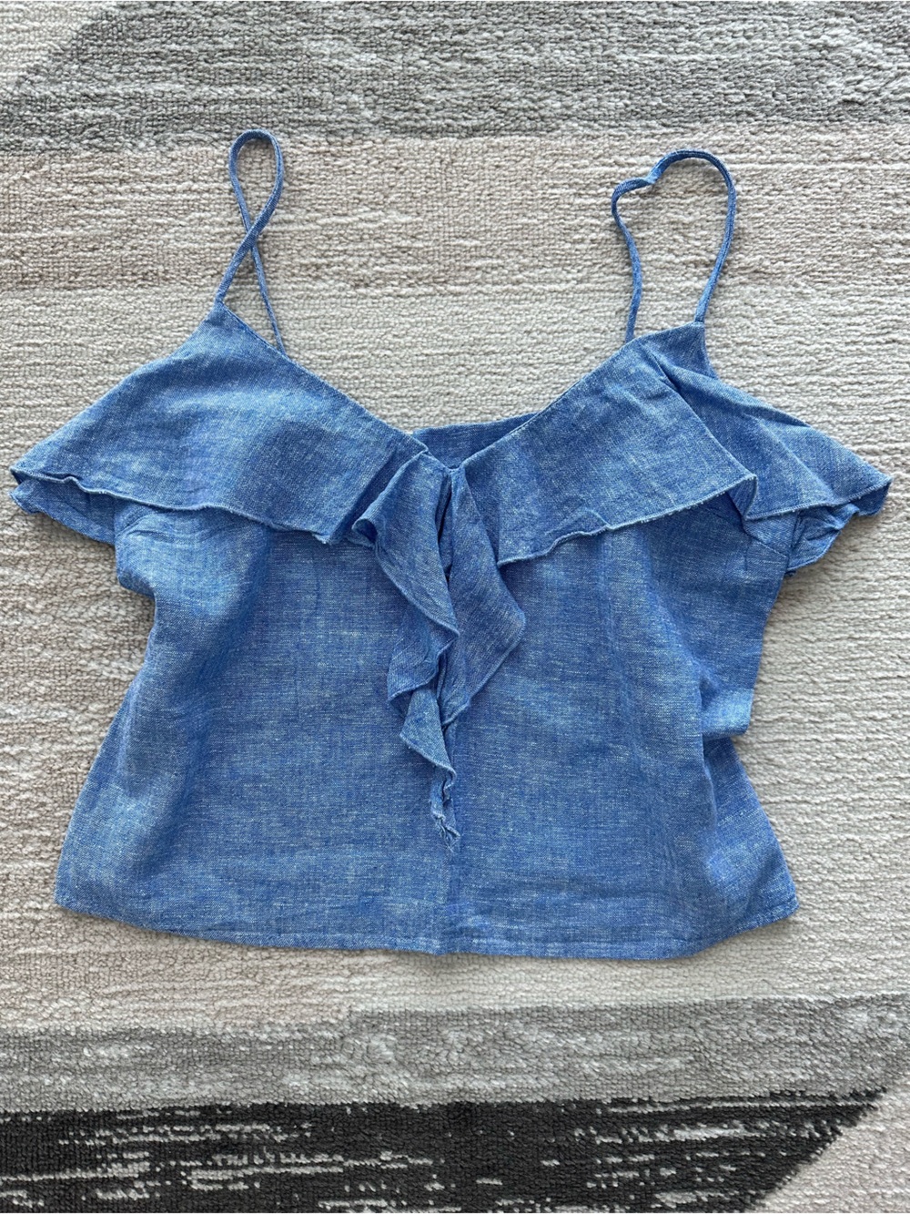 Zara Coquette Light Blue Ruffle V-Neck Linen Top Size M
